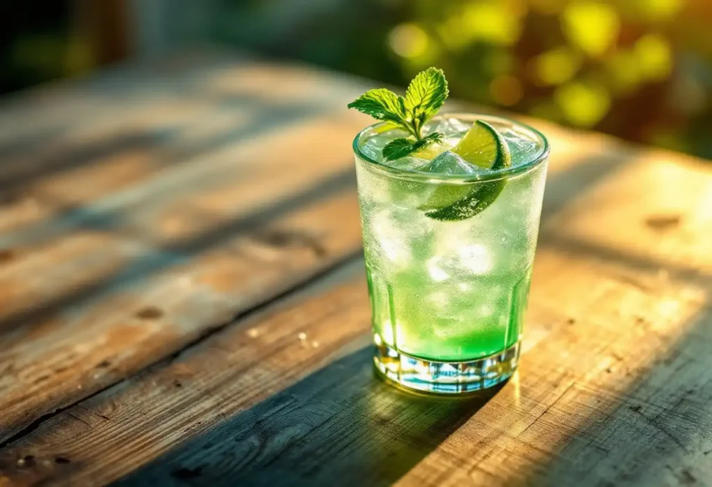 Vibrant green tea shot served in a chilled glass with lime and mint garnish