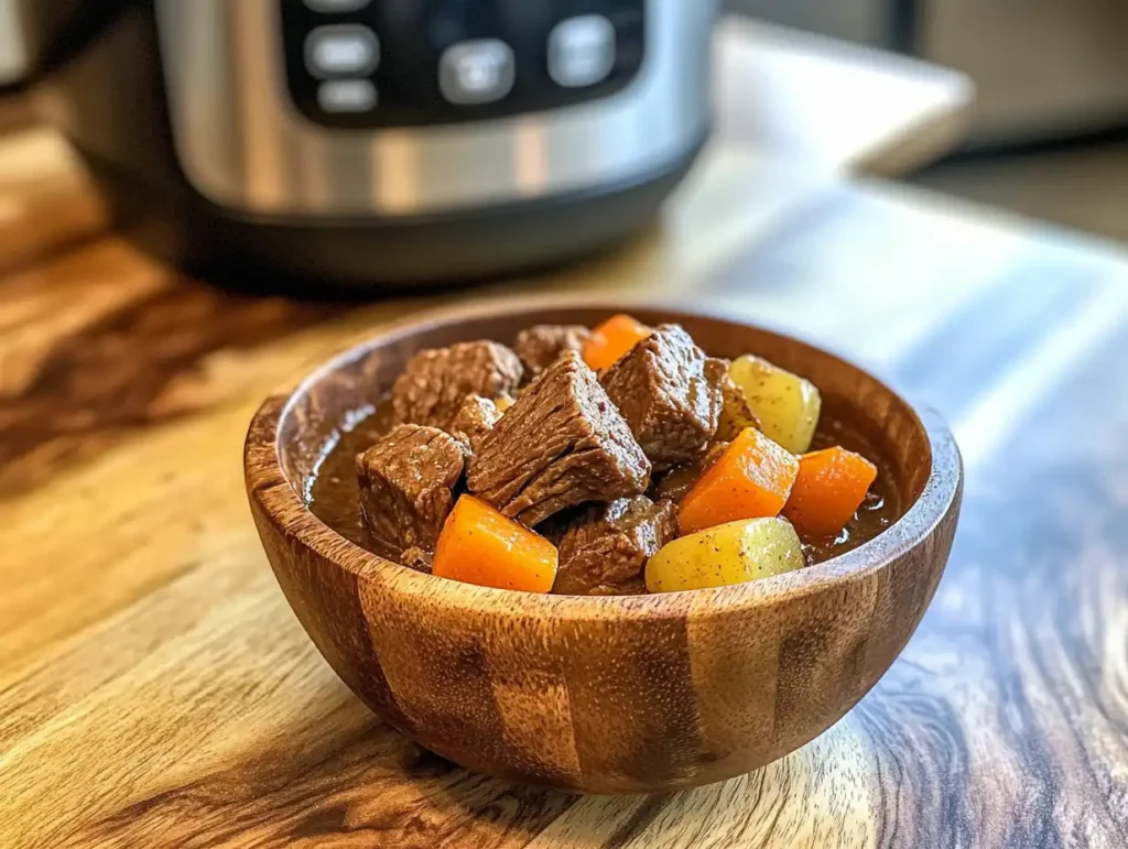 Close-up of a steaming bowl of beef stew with carrots and potatoes, prepared in an Instant Pot.