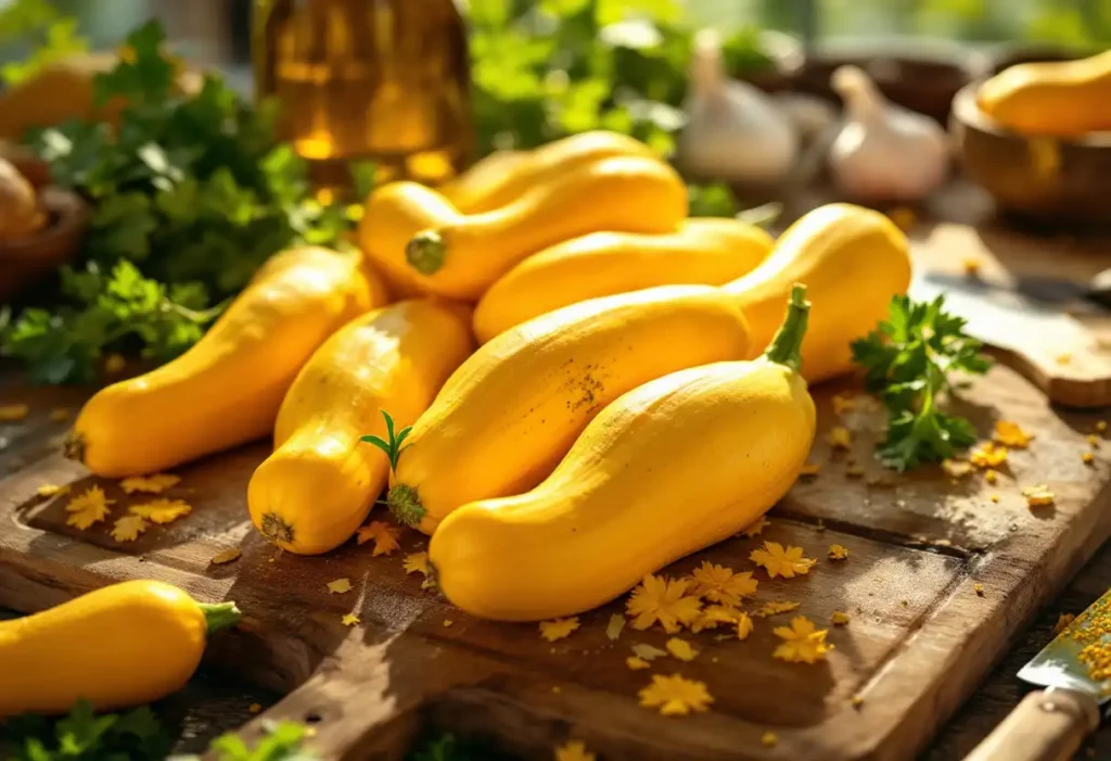 A vibrant display of fresh yellow squash with cooking ingredients