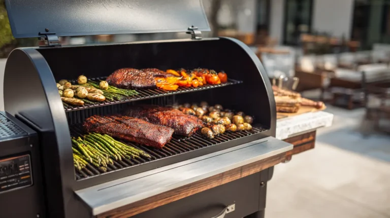 Traeger recipes cooked on a wood pellet grill with smoked meat and vegetables