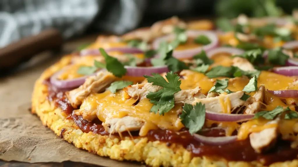 BBQ Chicken Pizza with crispy cauliflower crust, topped with chicken, red onions, and fresh cilantro.