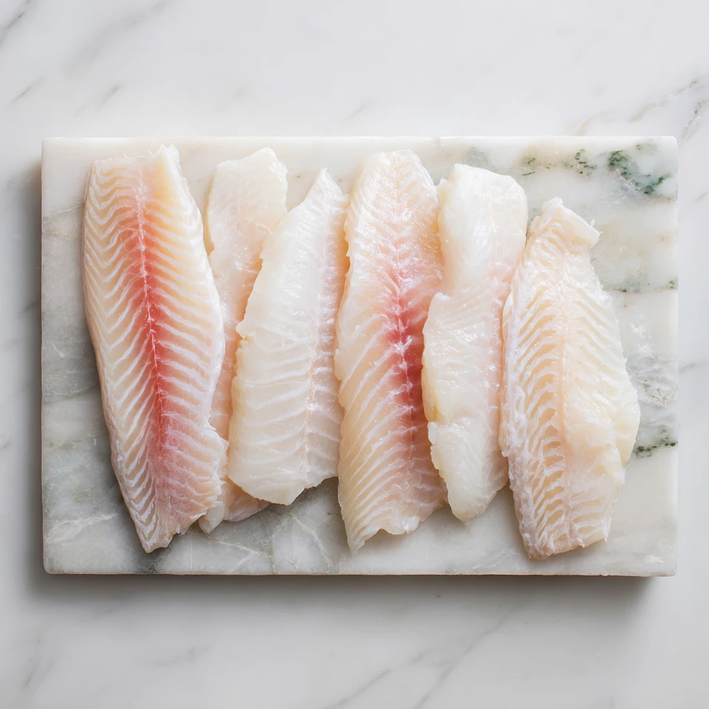 raw fish fillets used for a fried fish recipe on marble countertop
