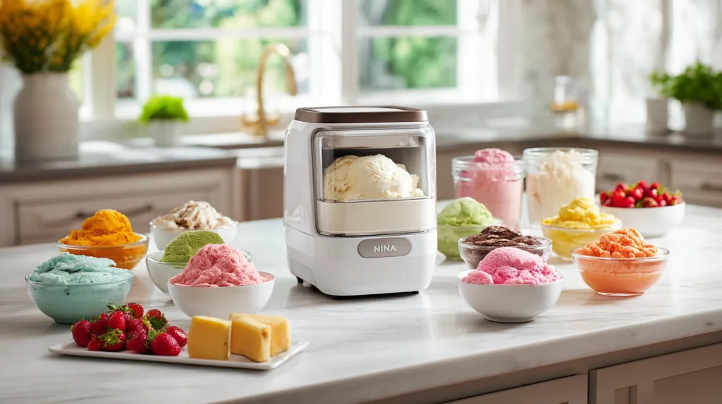Ninja Creami machine with colorful homemade ice cream bowls on marble counter