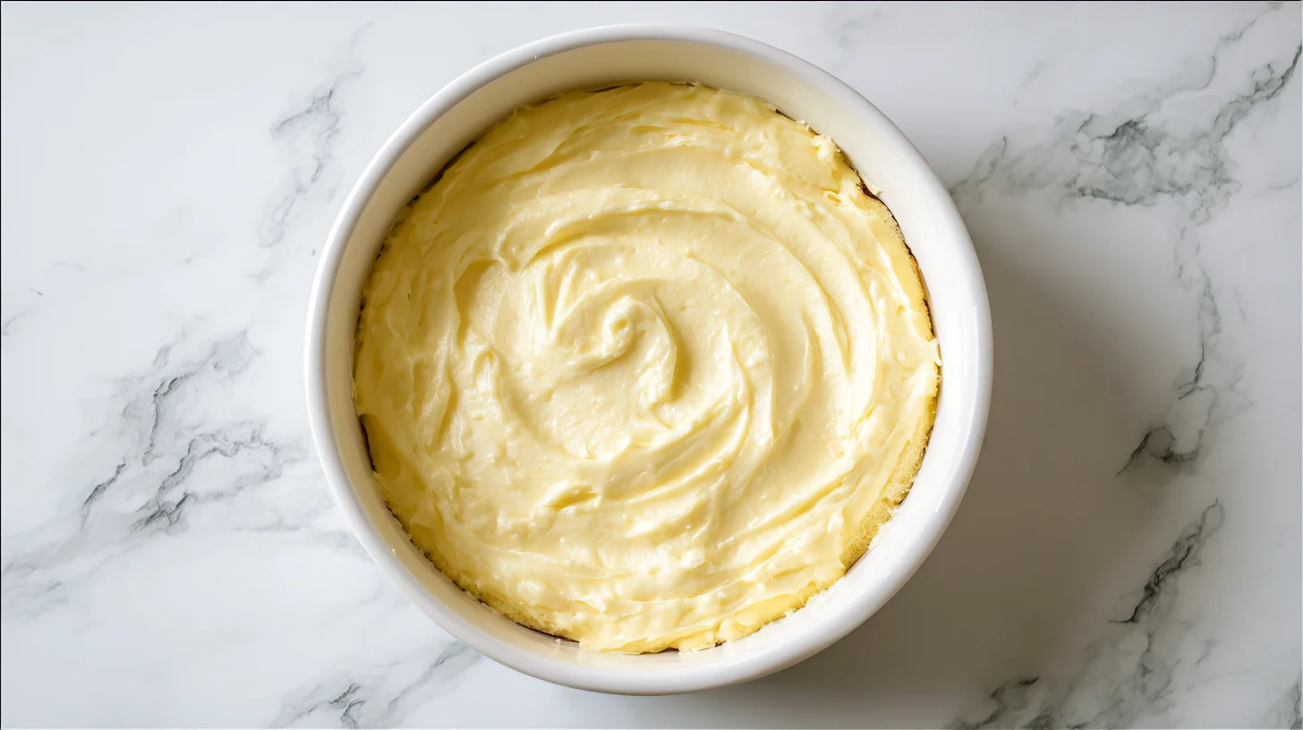 Yellow cake layer with vanilla custard spread for Boston cream cake assembly overhead view