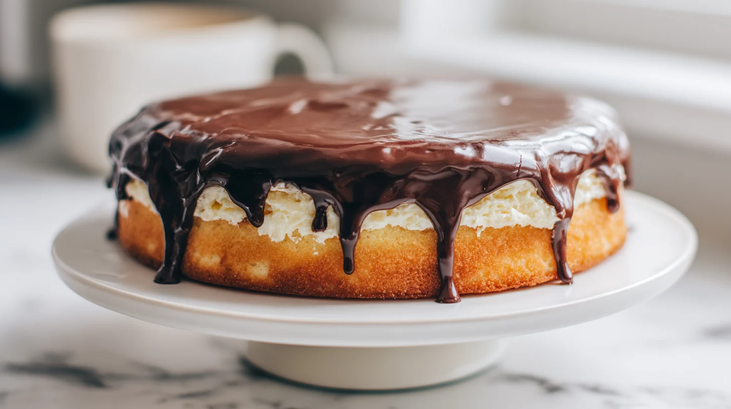 Complete Boston cream cake with chocolate ganache topping on white cake stand, overhead view
