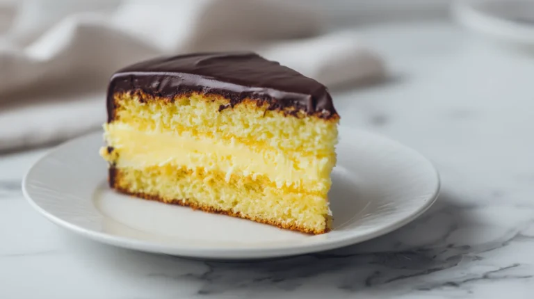 Boston cream cake slice with custard and ganache on white plate overhead view