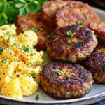 A breakfast plate with sausage patties, scrambled eggs, and roasted potatoes, garnished with fresh parsley.Breakfast Sausage Recipe