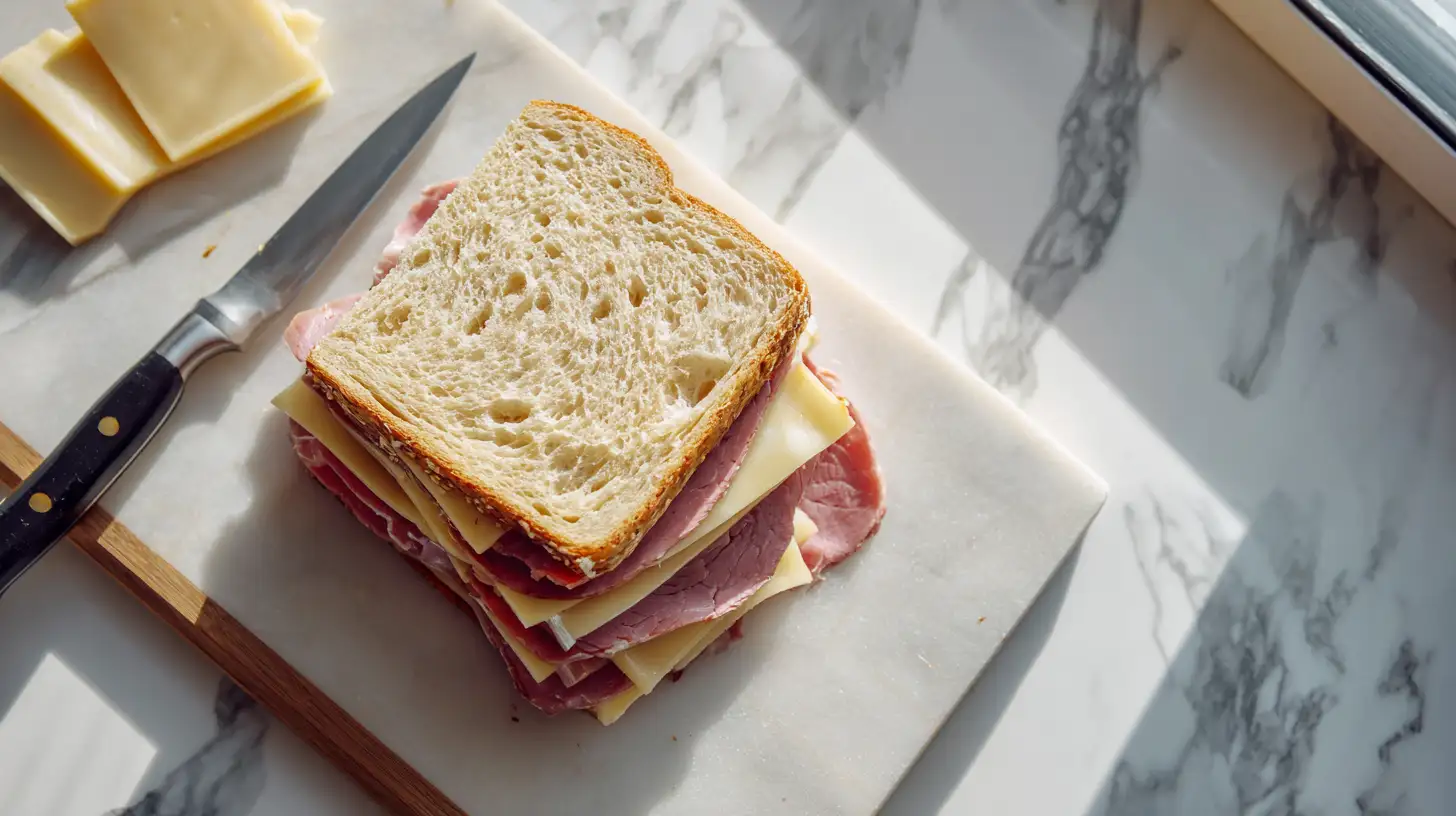 Roast beef and swiss cheese sandwich assembly showing layered meat and cheese between bread, overhead view