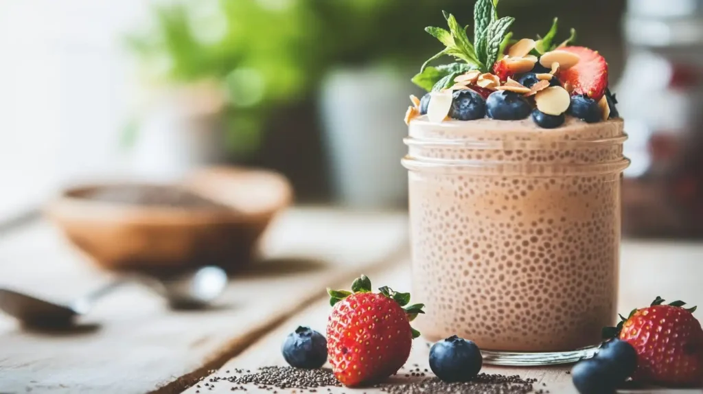 Creamy chia seed pudding topped with fresh fruits in a glass jar.