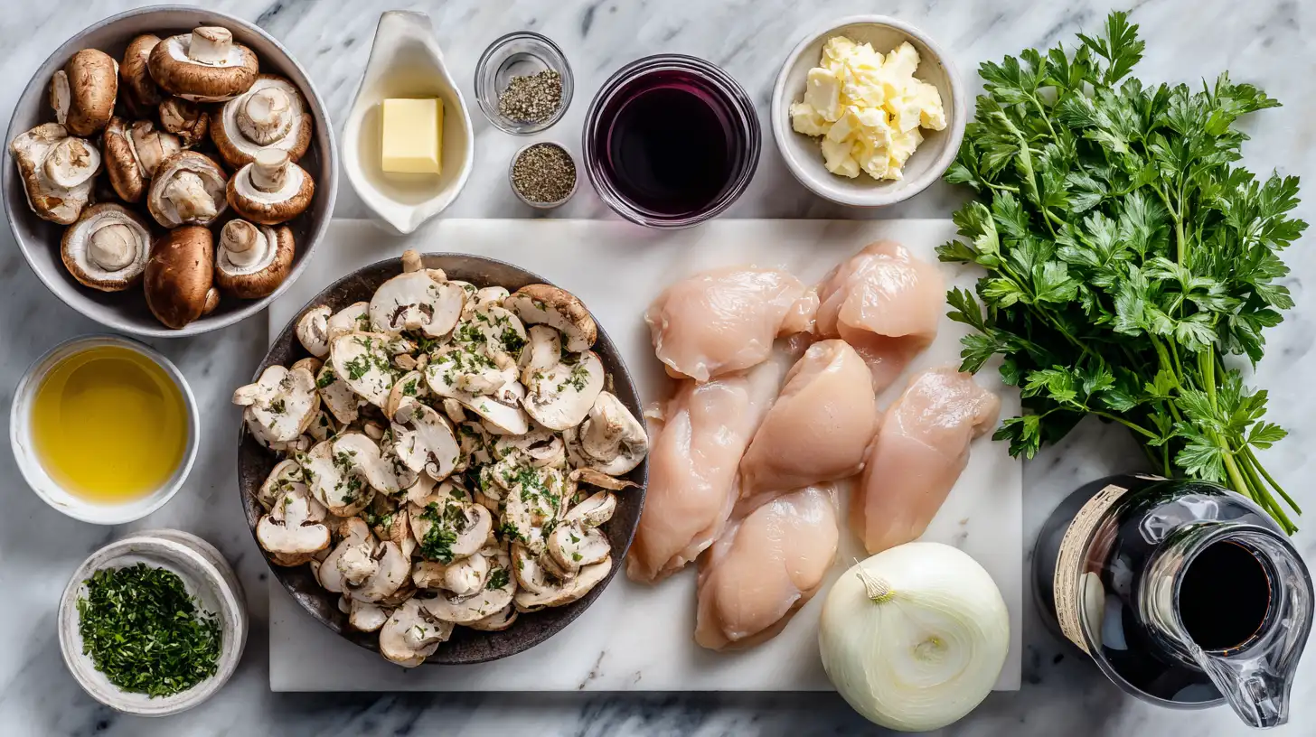 Ingredients for chicken marsala without wine laid out on a counter