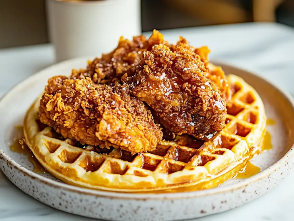 A plate of golden, crispy fried chicken on fluffy waffles drizzled with maple syrup.