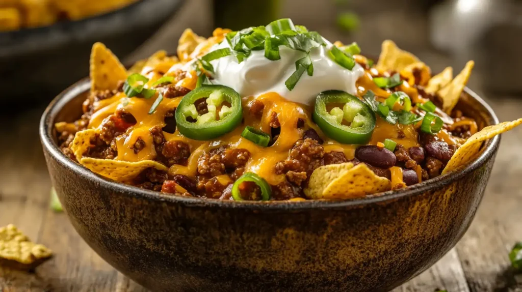 A delicious Frito Pie served in a rustic ceramic bowl with toppings like cheese, sour cream, and jalapeños.