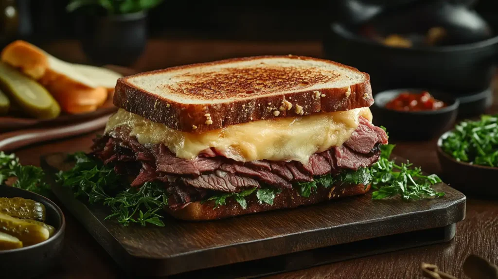 Perfectly layered roast beef and Swiss cheese sandwich on sourdough bread