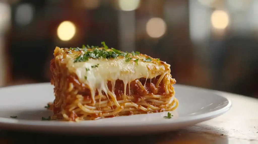 A slice of baked spaghetti pie served on a white plate