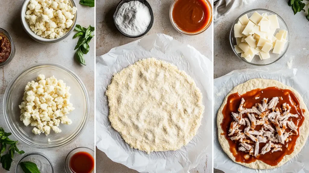 Preparation of cauliflower crust pizza, showing the crust being shaped and topped with BBQ chicken.