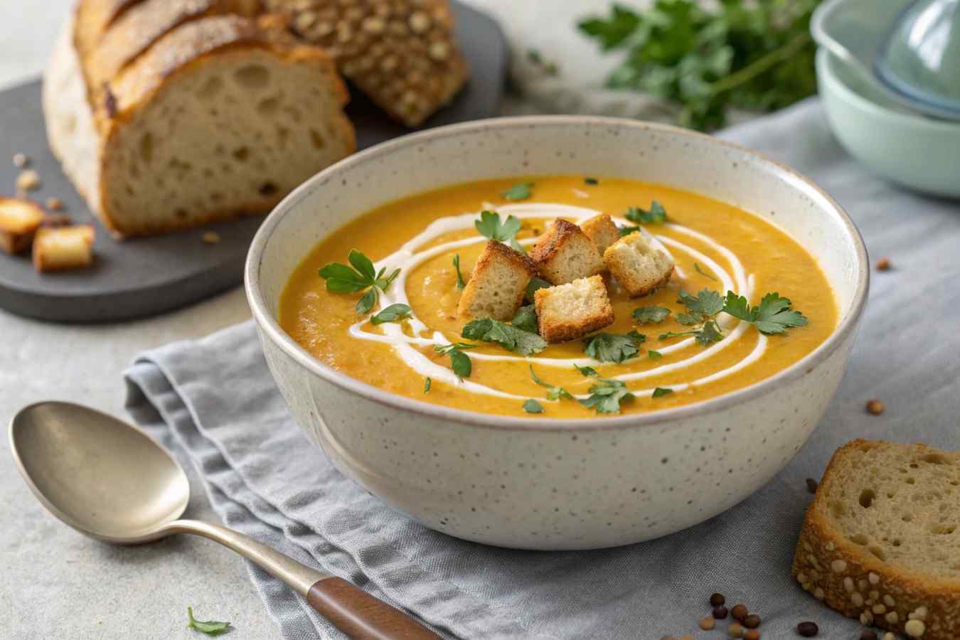 A bowl of creamy butternut squash soup garnished with herbs and cream.Most Popular Squash Recipes