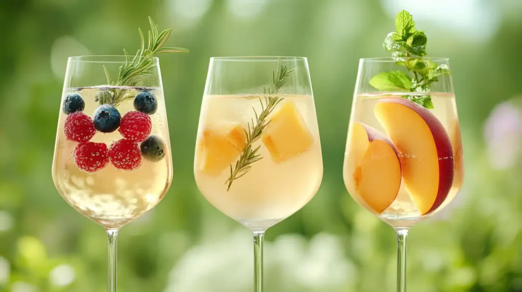 Hugo Spritz variations served in elegant glasses with fruits and herbs.