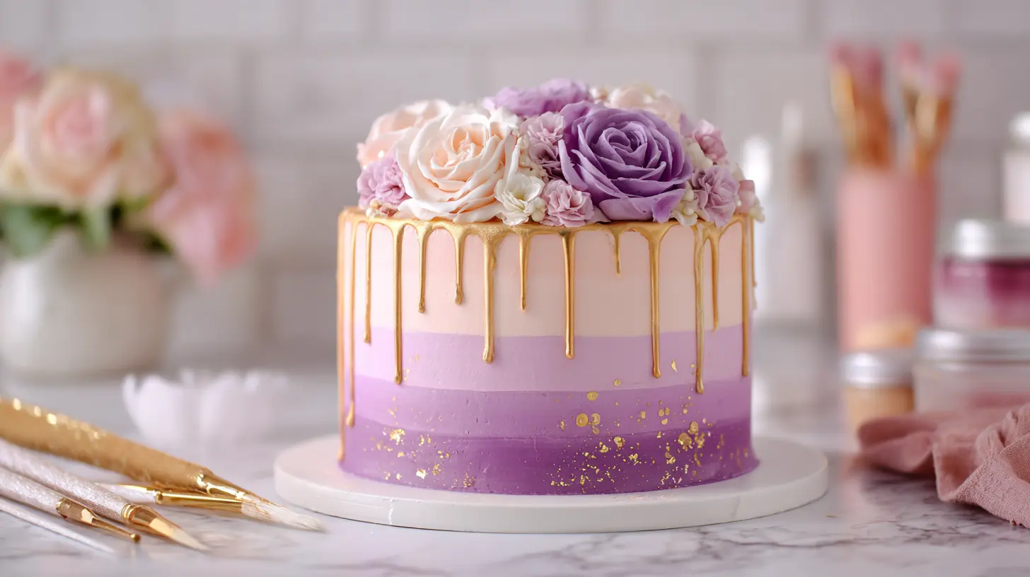 Stunning ombre layered cake with purple gradient and gold drip design