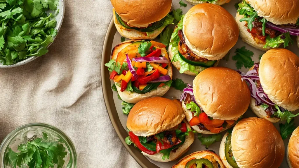 Vegetarian and spicy sliders displayed on a platter