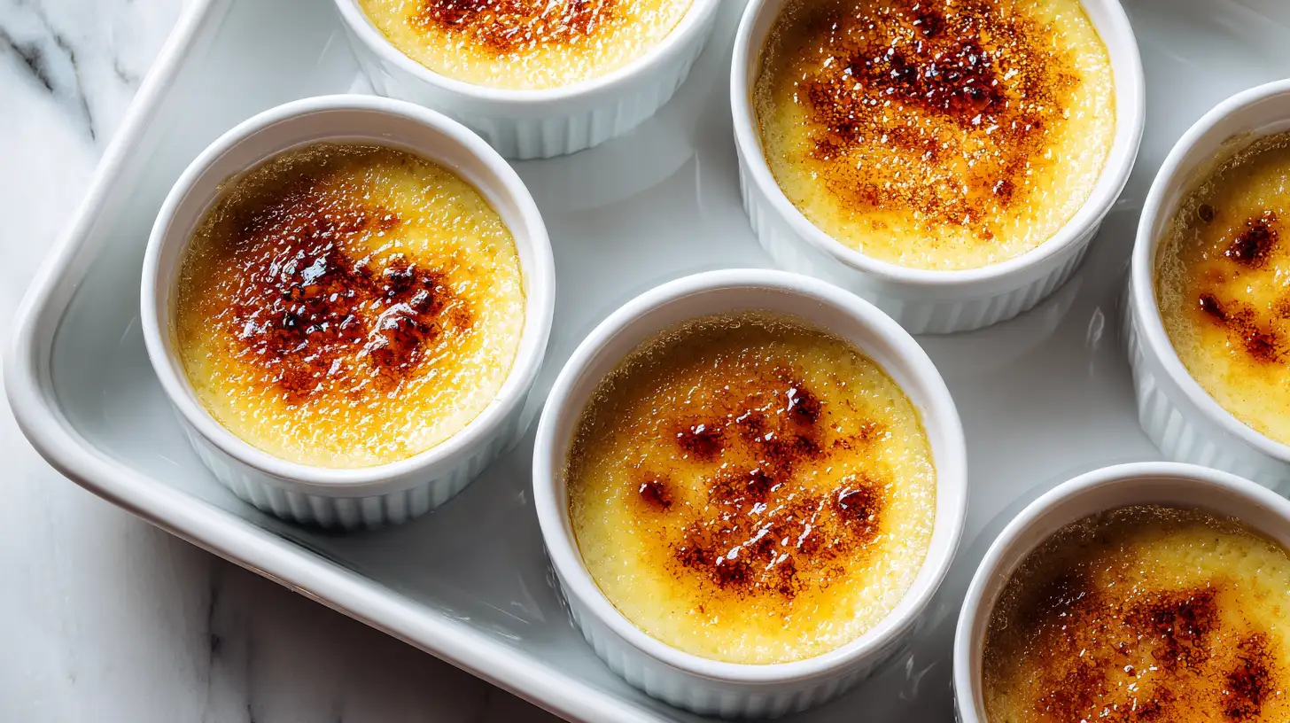 Crème brûlée ramekins in water bath for even baking overhead view