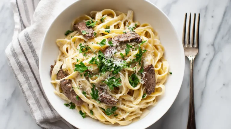 Finished steak pasta recipes in bowl with creamy sauce and garnish overhead view