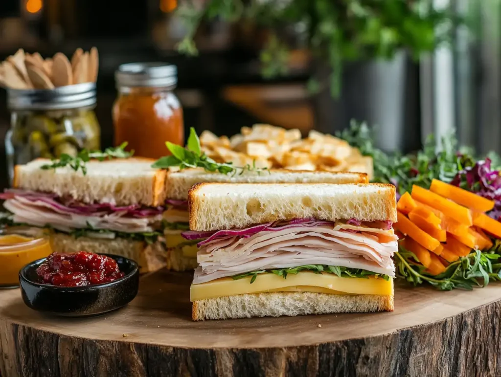 A spread of turkey lunch meat sandwiches with fresh vegetables and condiments on a wooden board.