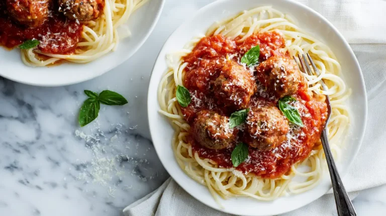 Finished turkey meatballs and spaghetti with marinara sauce on a plate, overhead view