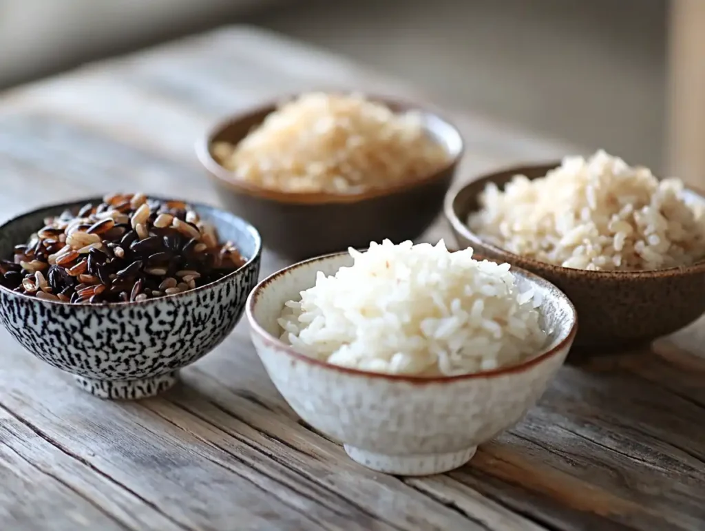 Bowls of different rice types, including white, brown, wild, and sticky rice, on a wooden table.