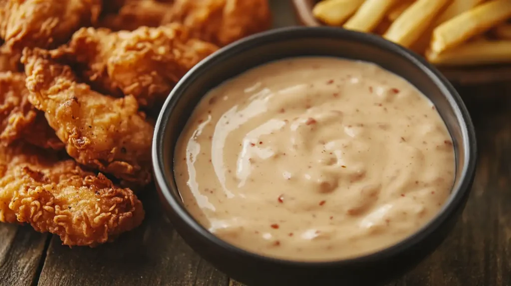 Cane’s Sauce in a bowl with crispy chicken tenders and fries for dipping. Cane's Sauce Recipe