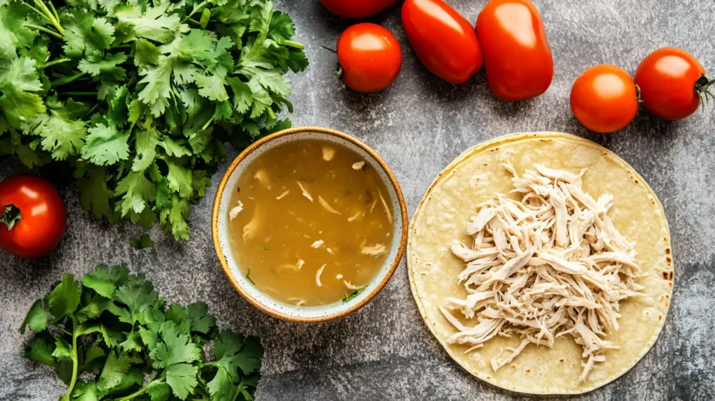 Key ingredients for chicken tortilla soup, including shredded chicken, corn tortillas, a bowl of broth, tomatoes, and fresh cilantro.