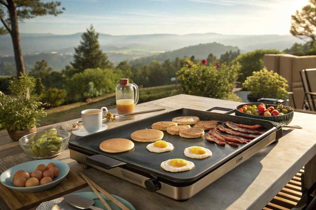Outdoor flat top griddle with breakfast foods cooking on it.Griddle Recipes