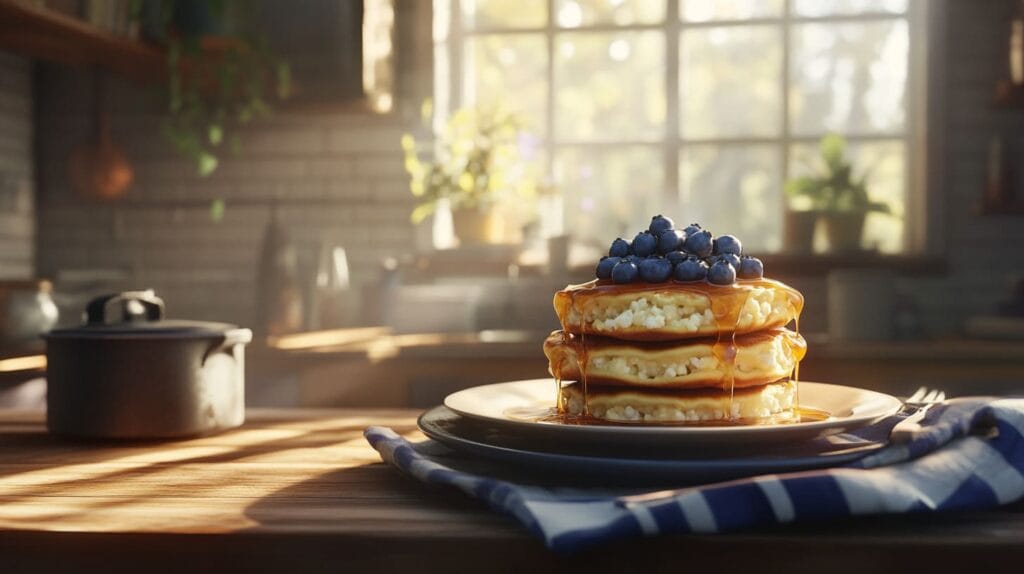 Fluffy cottage cheese pancakes topped with fresh blueberries and maple syrup