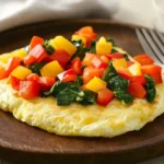 A freshly prepared fluffy egg white omelet with vibrant vegetables on a rustic wooden plate.Egg white breakfast