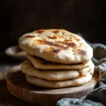 A stack of freshly baked sourdough discard flatbreads with a golden-brown crust on a rustic wooden board.