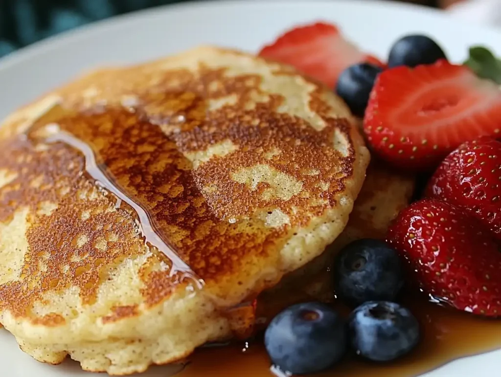 Fluffy sourdough pancakes topped with syrup and fresh frui