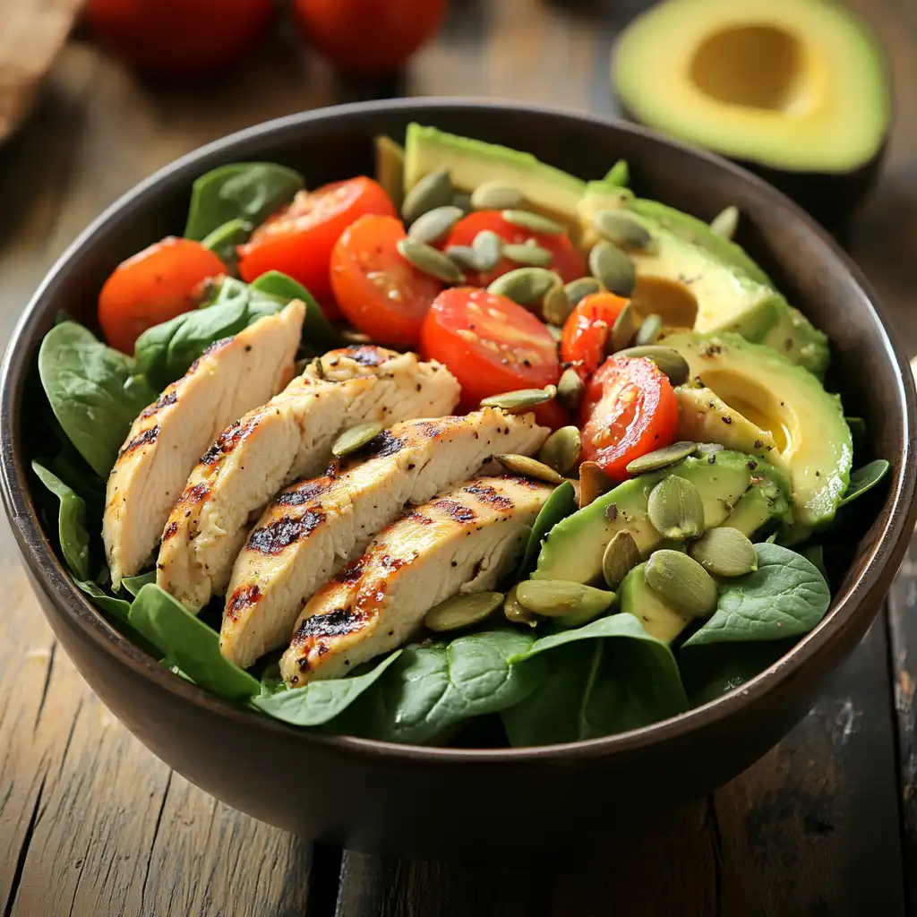 Fresh high-protein chicken and spinach salad served in a bowl.