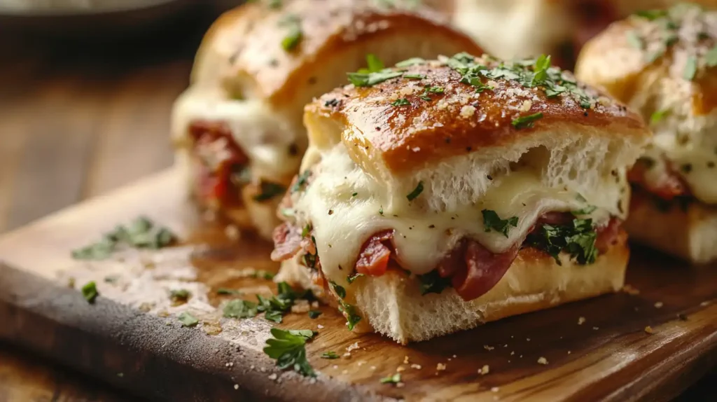 Freshly baked Italian sliders served on a wooden board