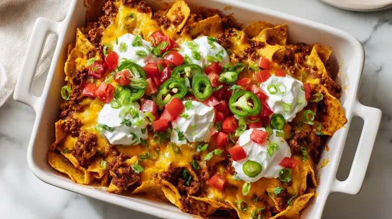 Homemade Frito pie in baking dish with chili, melted cheese, sour cream, and fresh toppings