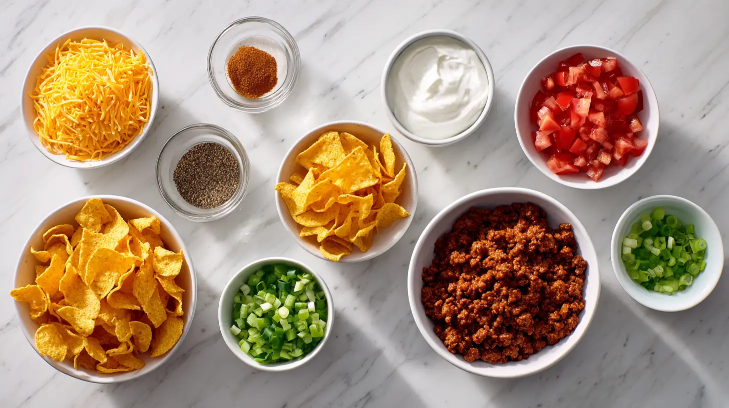 Frito pie recipe topped with sour cream, tomatoes, and jalapeños