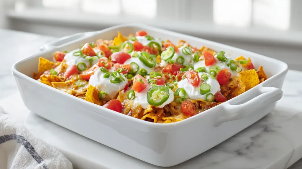 Frito pie recipe ingredients arranged on white marble countertop
