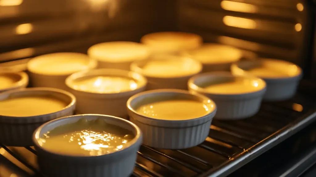 Ramekins filled with custard placed in a baking dish partially filled with hot water, ready to be gently baked in an oven.