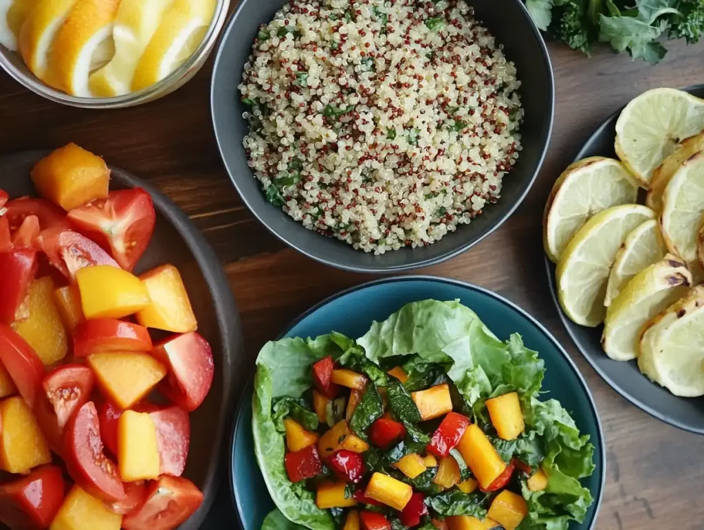 A vibrant assortment of gluten-free lunch options, including salads, roasted vegetables, and gluten-free bread.