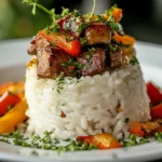 A beautifully plated gluten-free rice dish garnished with fresh herbs and vegetables.Does rice have gluten