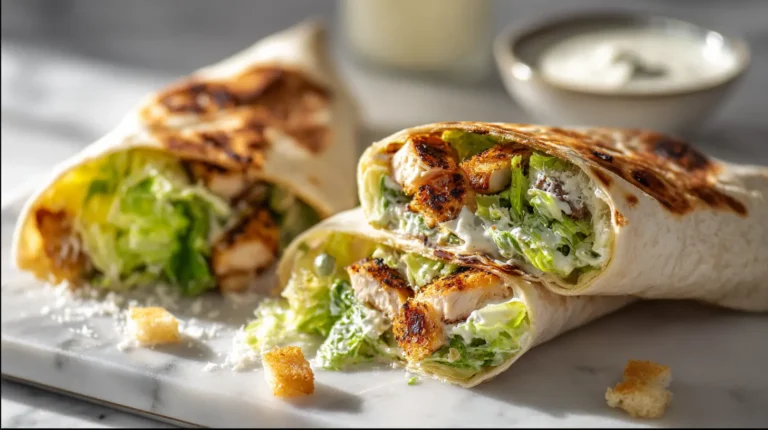 Grilled Chicken Caesar Wraps with romaine lettuce, Caesar dressing, Parmesan cheese, and croutons in soft tortilla