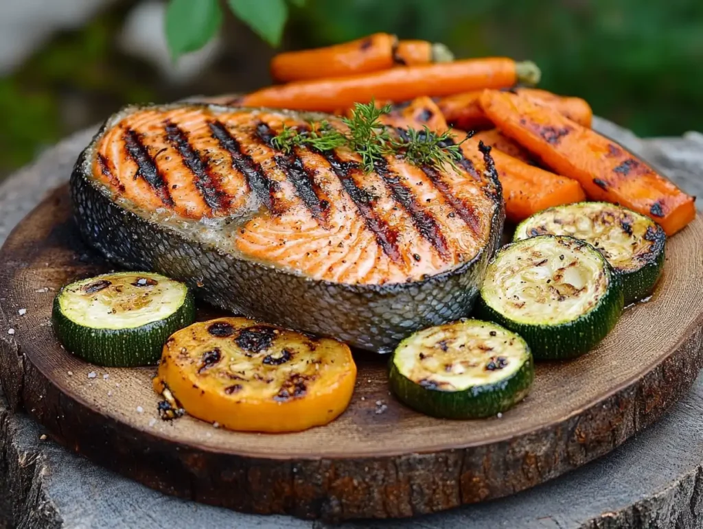 Grilled salmon dinner recipes featuring a perfectly cooked salmon fillet with roasted vegetables on a rustic wooden plate.