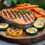 Grilled salmon dinner recipes featuring a perfectly cooked salmon fillet with roasted vegetables on a rustic wooden plate.