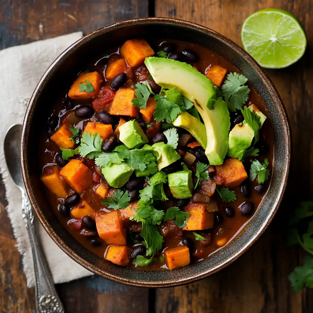 A bowl of vegan sweet potato and black bean chili garnished with avocado and cilantro.