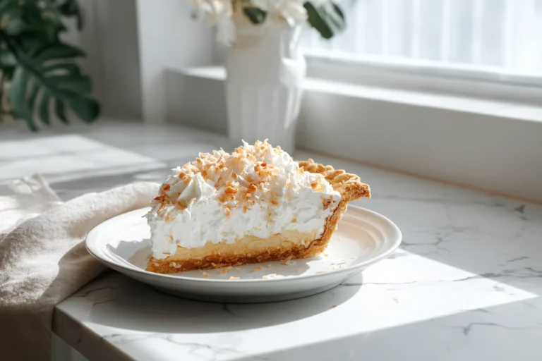 Homemade coconut cream pie on a marble counter with whipped cream topping