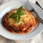 A realistic plate of Eggplant Parmesan with melted cheese and basil.