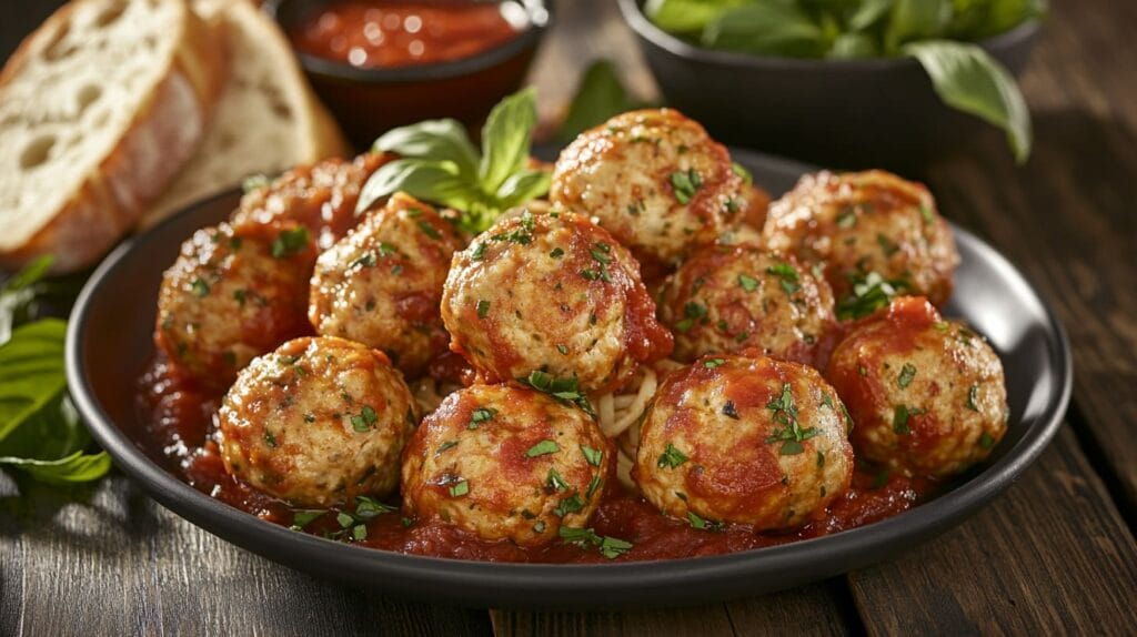 Freshly cooked Italian turkey meatballs served with marinara sauce